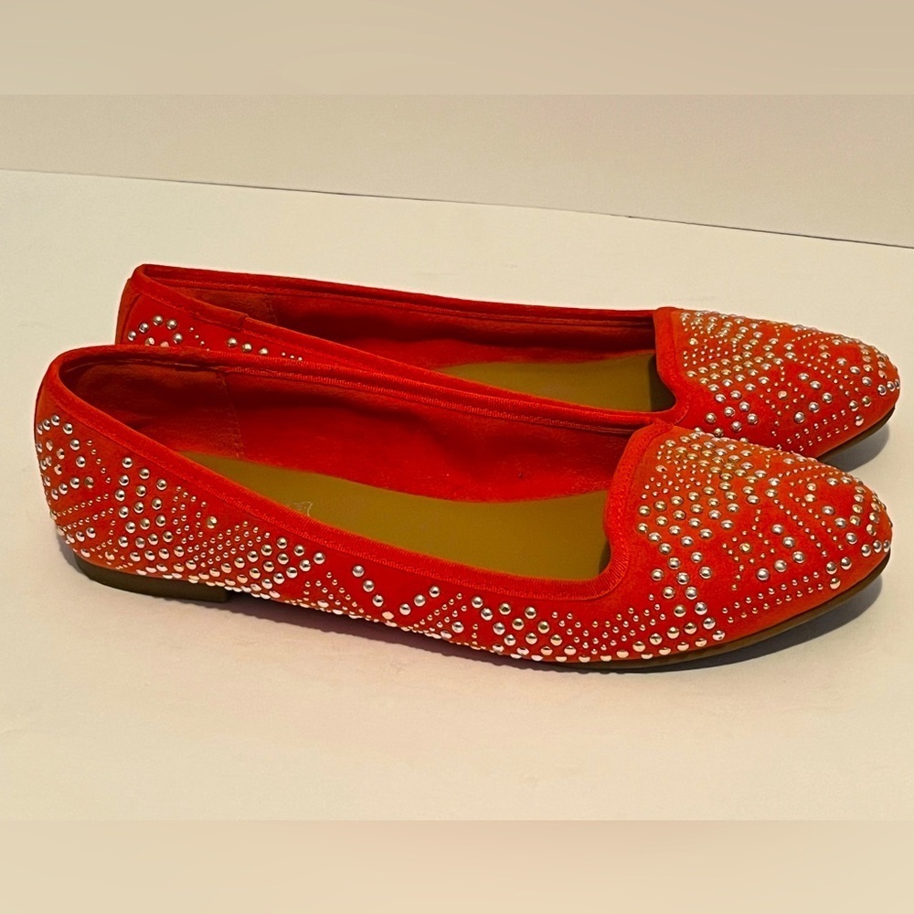 Silver Stud Embellished Red Orange Suede Leather Women's Aldo Ballet LoaferFlats